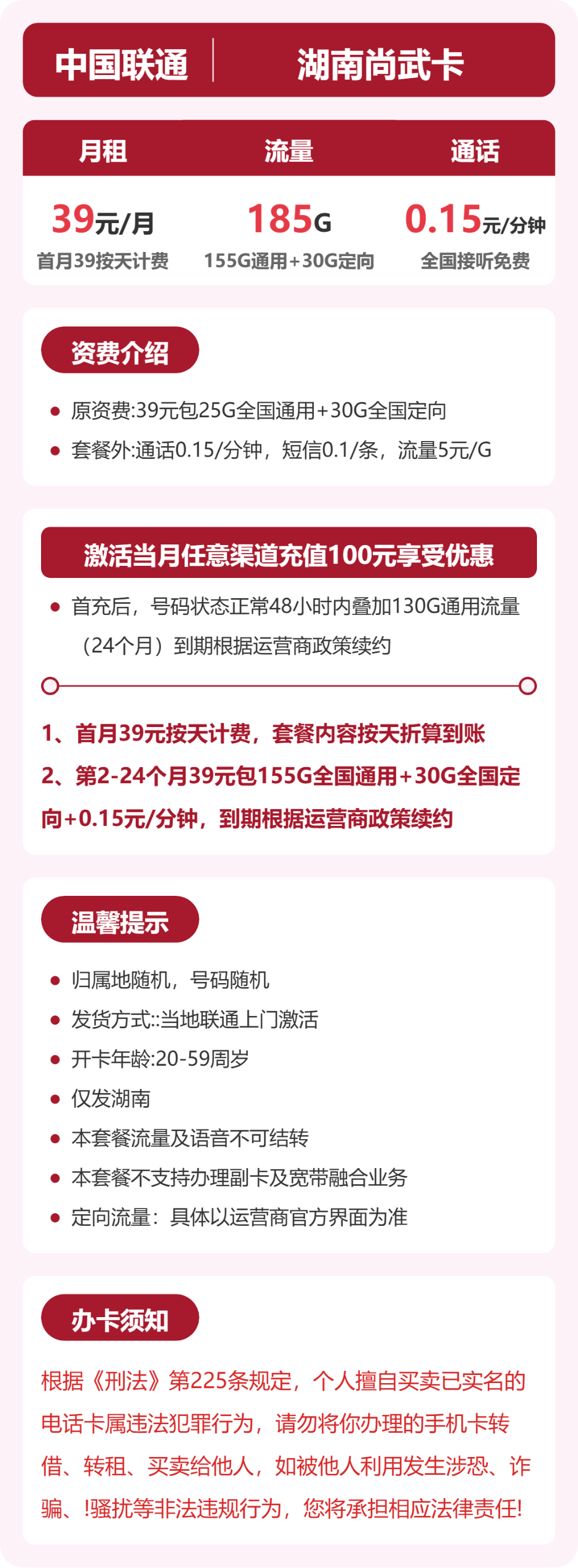 联通尚武卡39元月租包155G通用+30G定向+通话0.15元/分钟