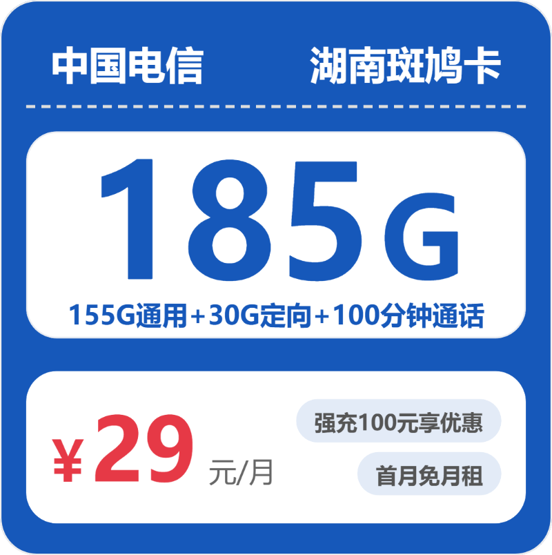 电信斑鸠卡29元月租包155G通用+30G定向+100分钟通话