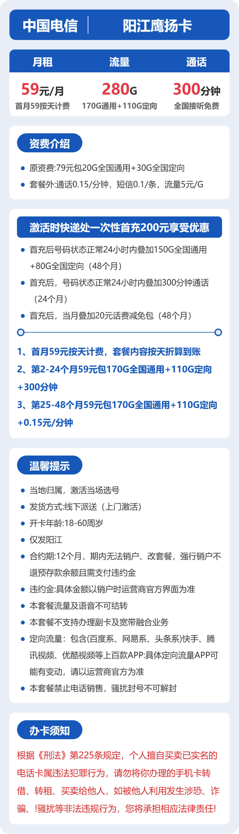 电信鹰扬卡59元月租包170G通用+110G定向+300分钟通话