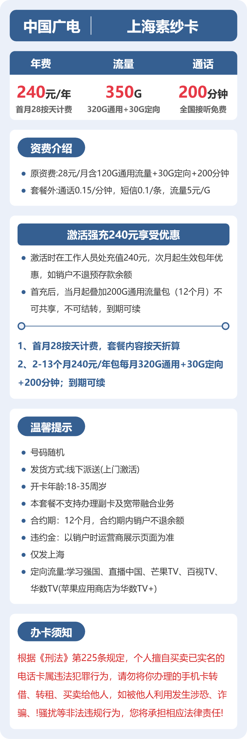 广电素纱卡20元月租包320G通用+30G定向+200分钟通话