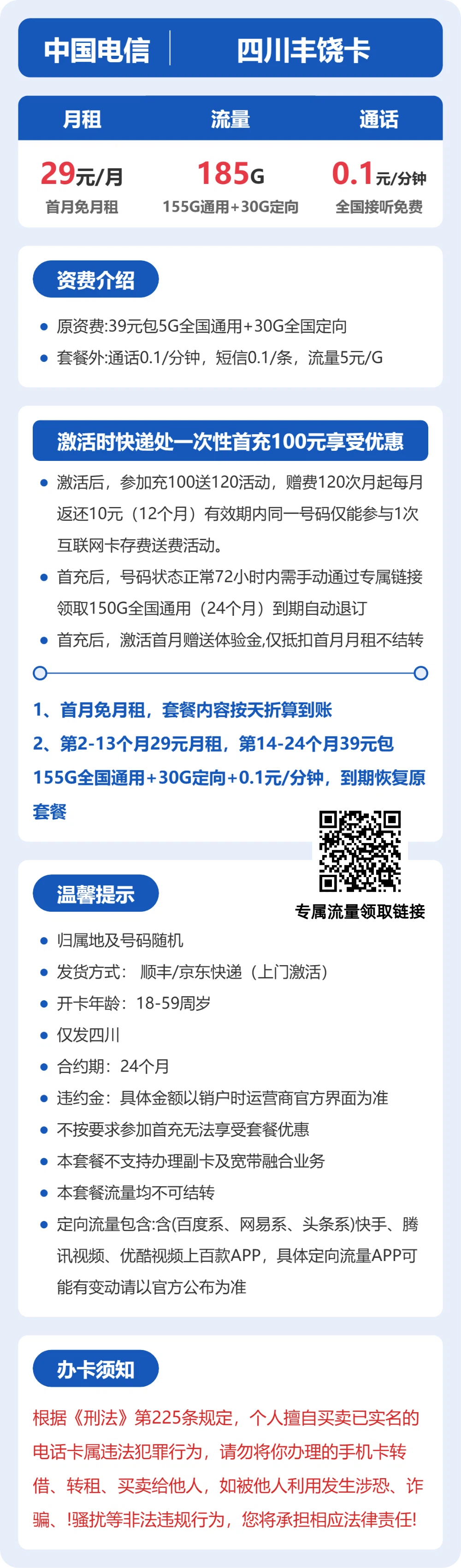 电信丰饶卡29元月租包155G通用+30G定向+通话0.1元/分钟