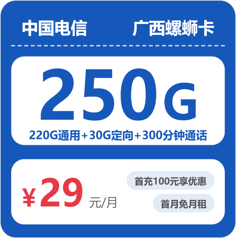 电信螺蛳卡29元月租包220G通用+30G定向+300分钟通话