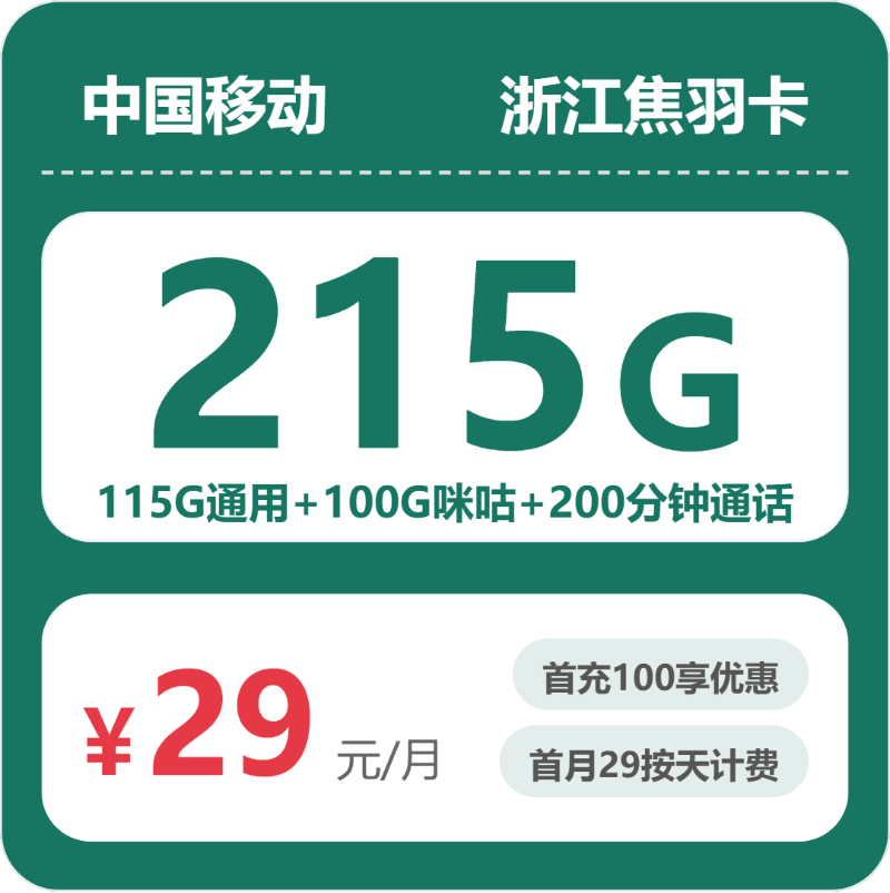 移动焦羽卡29元月租包115G通用+100G咪咕定向+100分钟通话