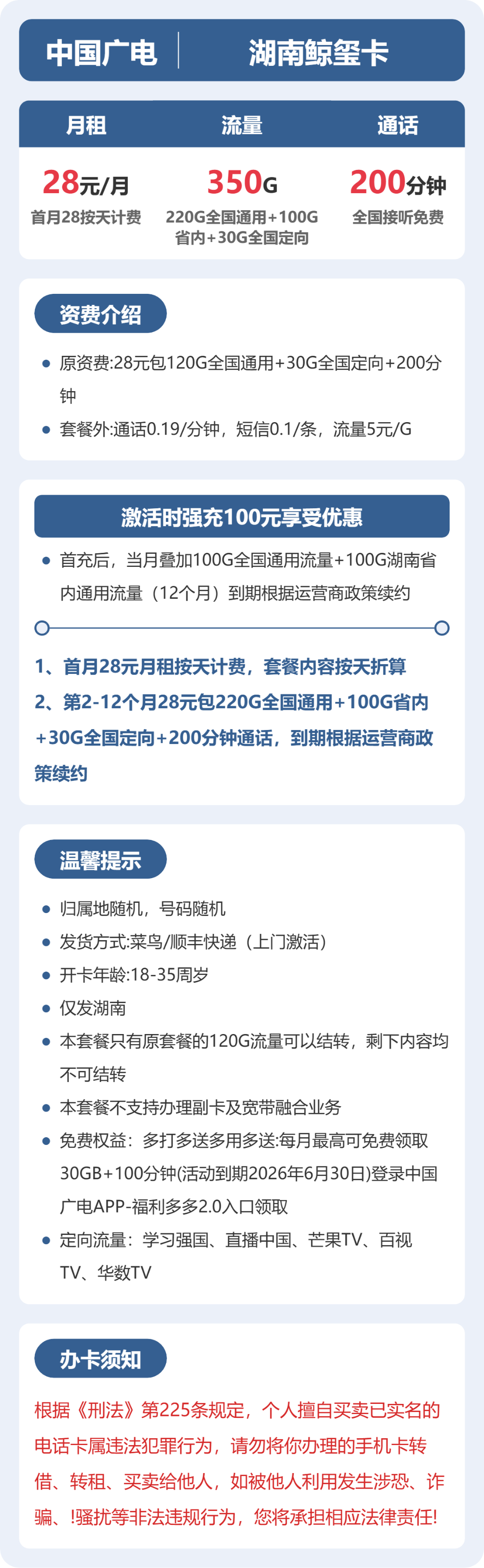 广电鲸玺卡28元月租包320G通用+30G定向+200分钟通话