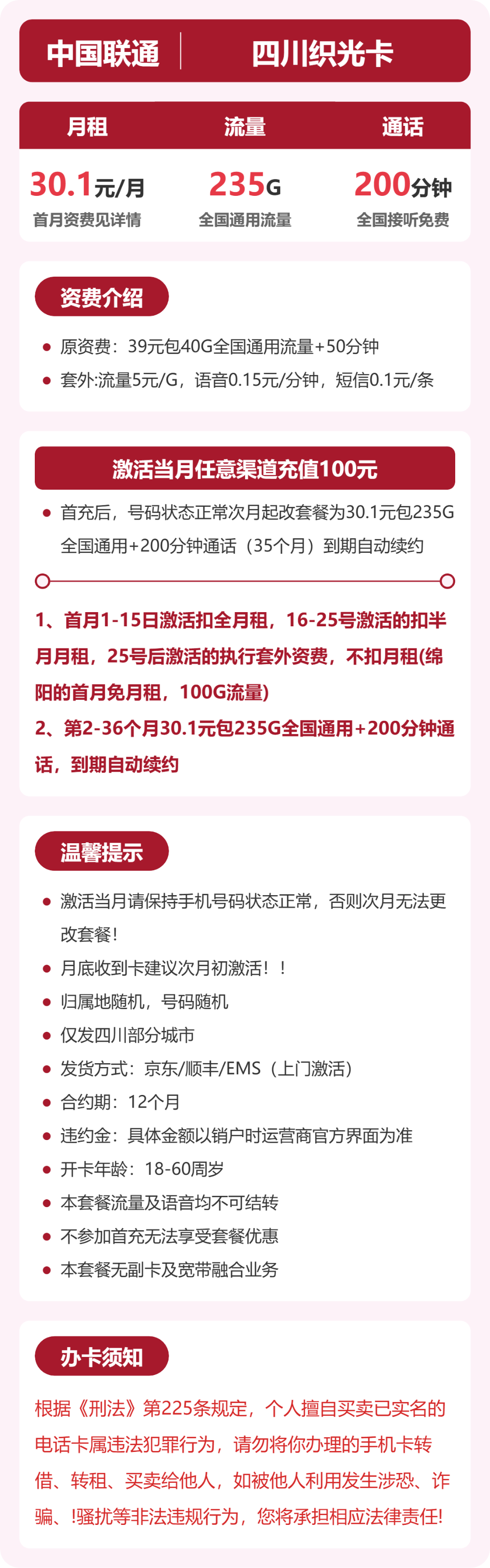 联通织光卡30.1元月租包235G通用+200分钟通话