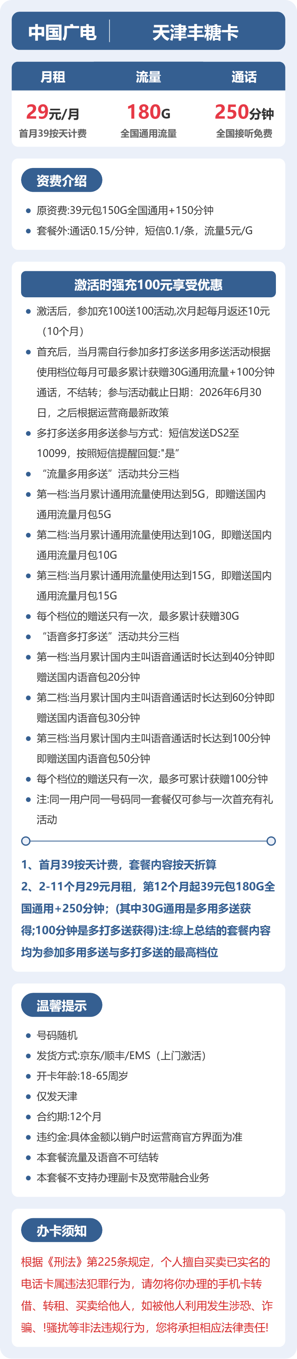 广电丰糖卡29元月租包180G通用+250分钟通话