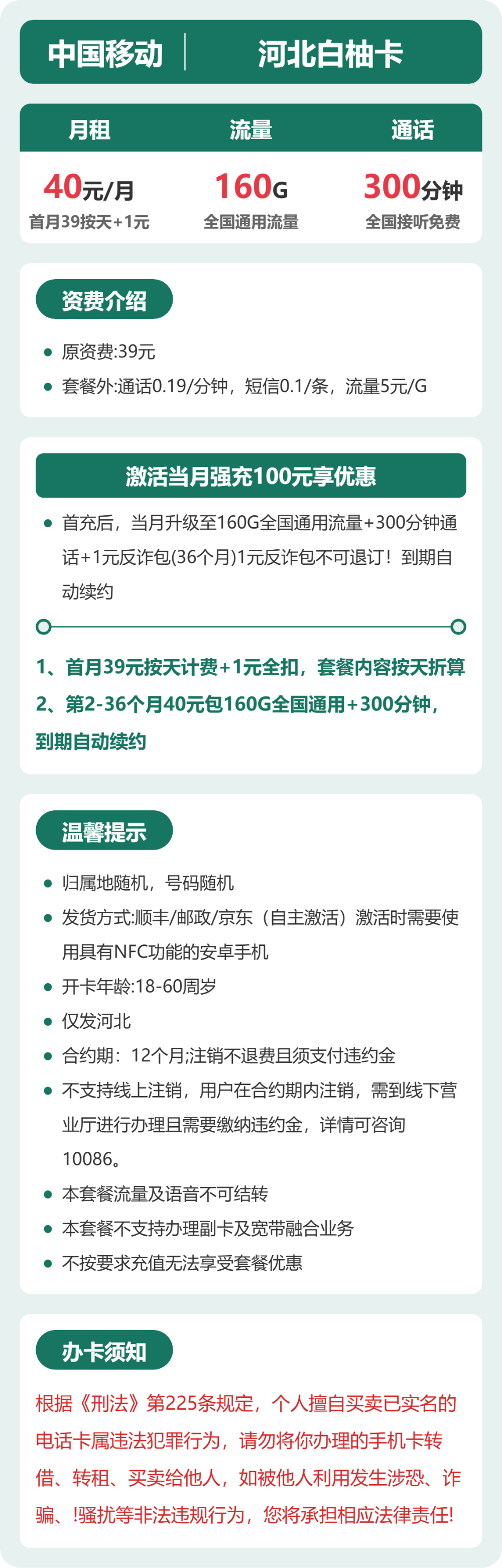 移动白柚卡40元月租包160G通用+300分钟通话