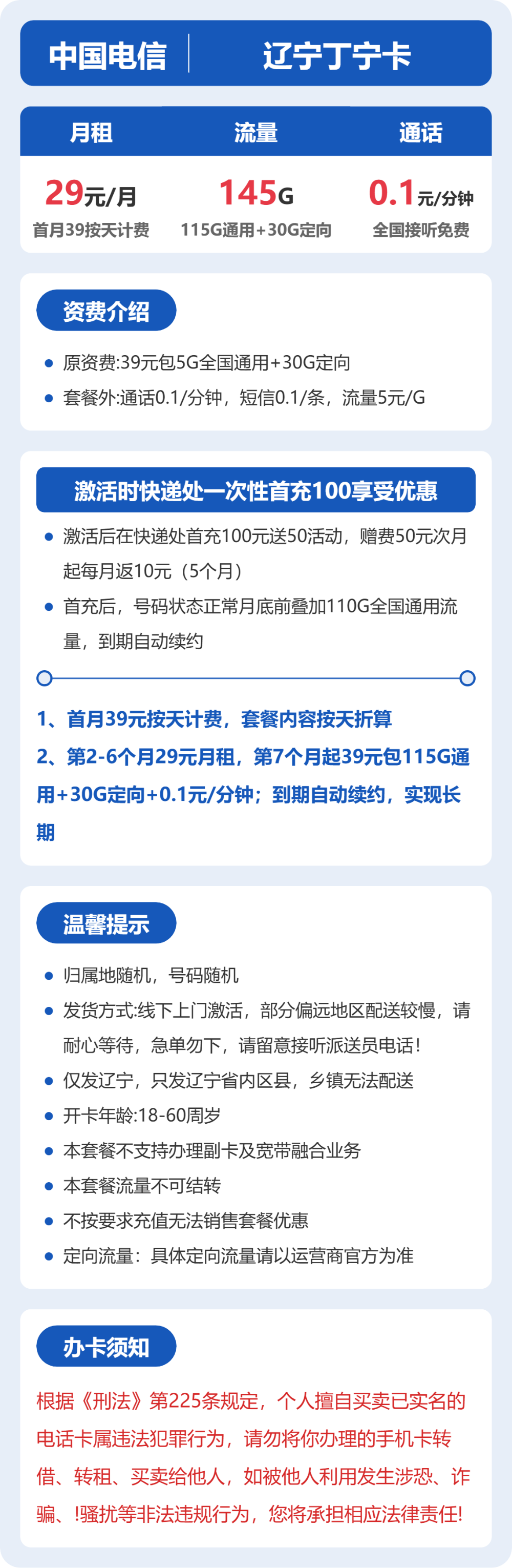 电信丁宁卡29元月租包115G通用+30G定向+通话0.1元/分钟
