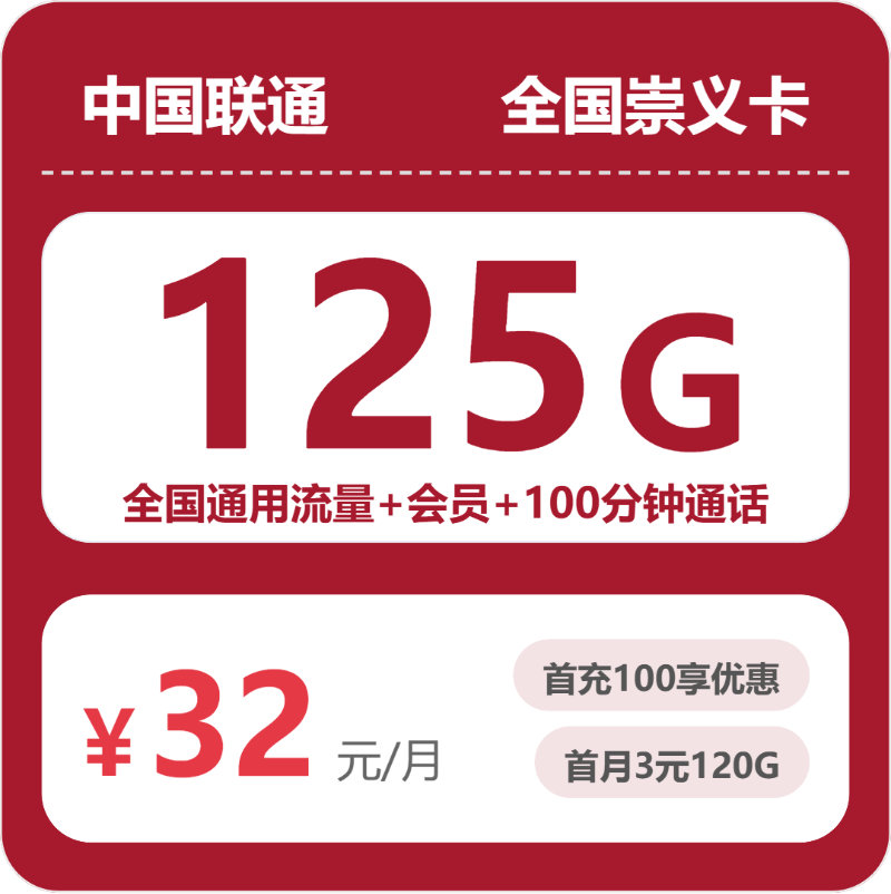 联通崇义卡32元月租包125G通用+100分钟通话+会员