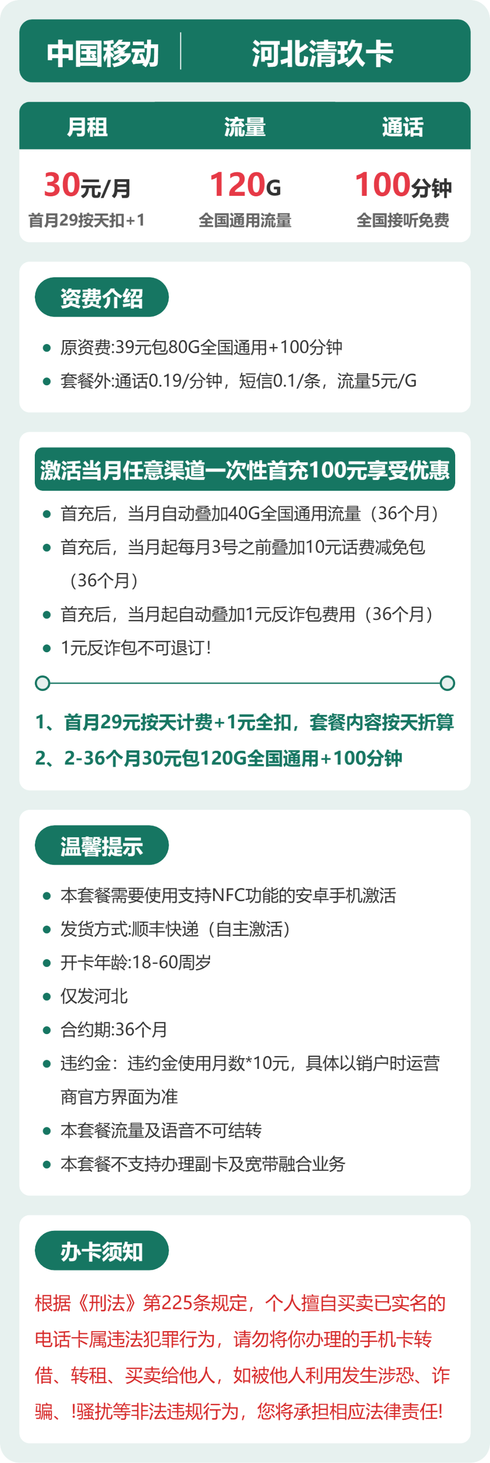移动清玖卡30元月租包120G通用+100分钟通话