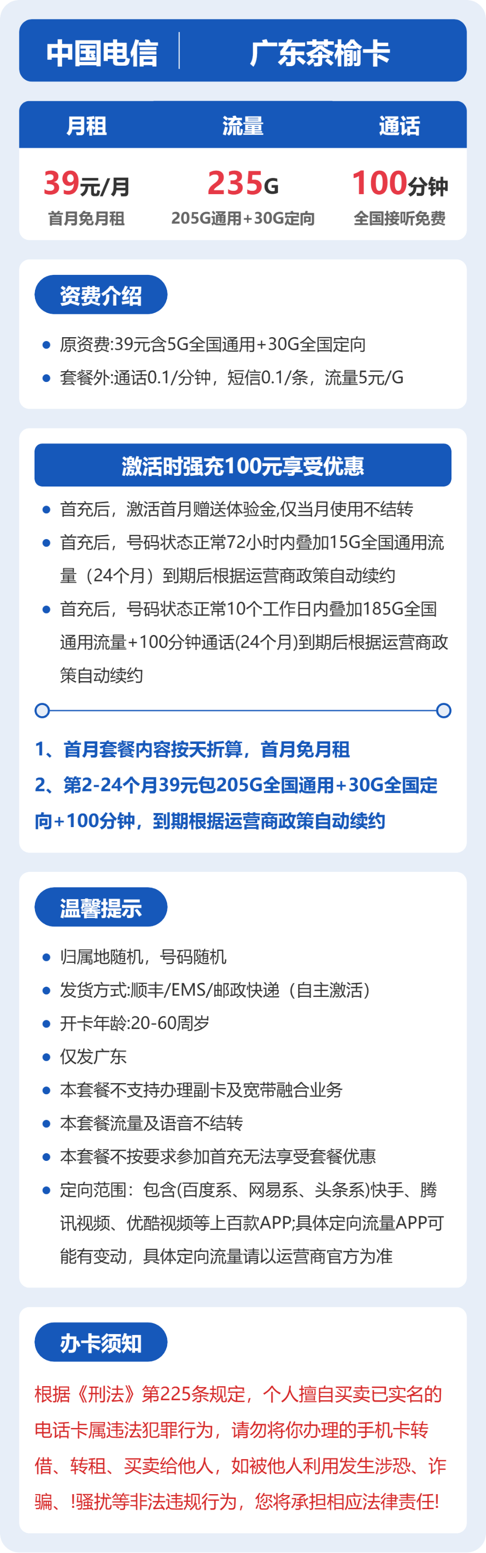 电信茶榆卡39元月租包205G通用+30G定向+100分钟通话
