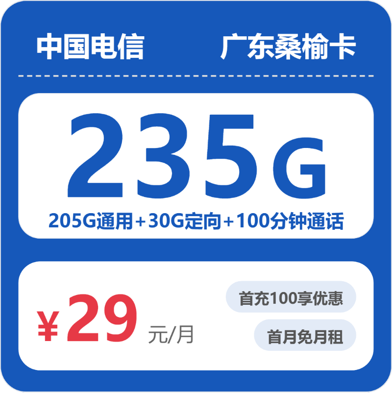 电信桑榆卡29元月租包205G通用+30G定向+100分钟通话