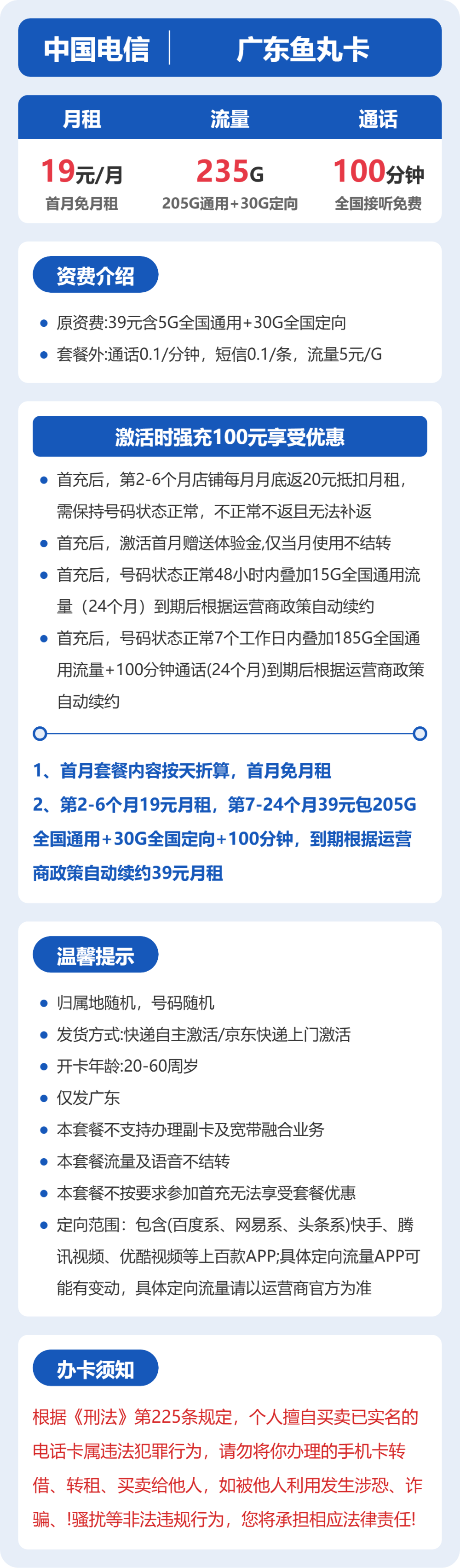 电信鱼丸卡19元月租包205G通用+30G定向+100分钟通话