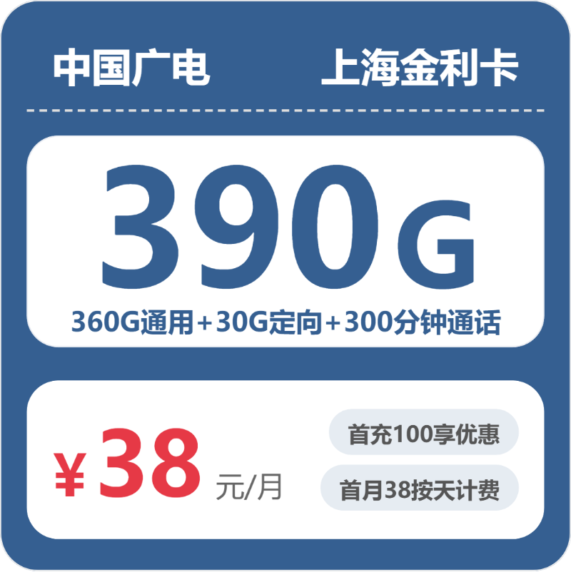 广电金利卡38元月租包360G通用+30G定向+300分钟通话
