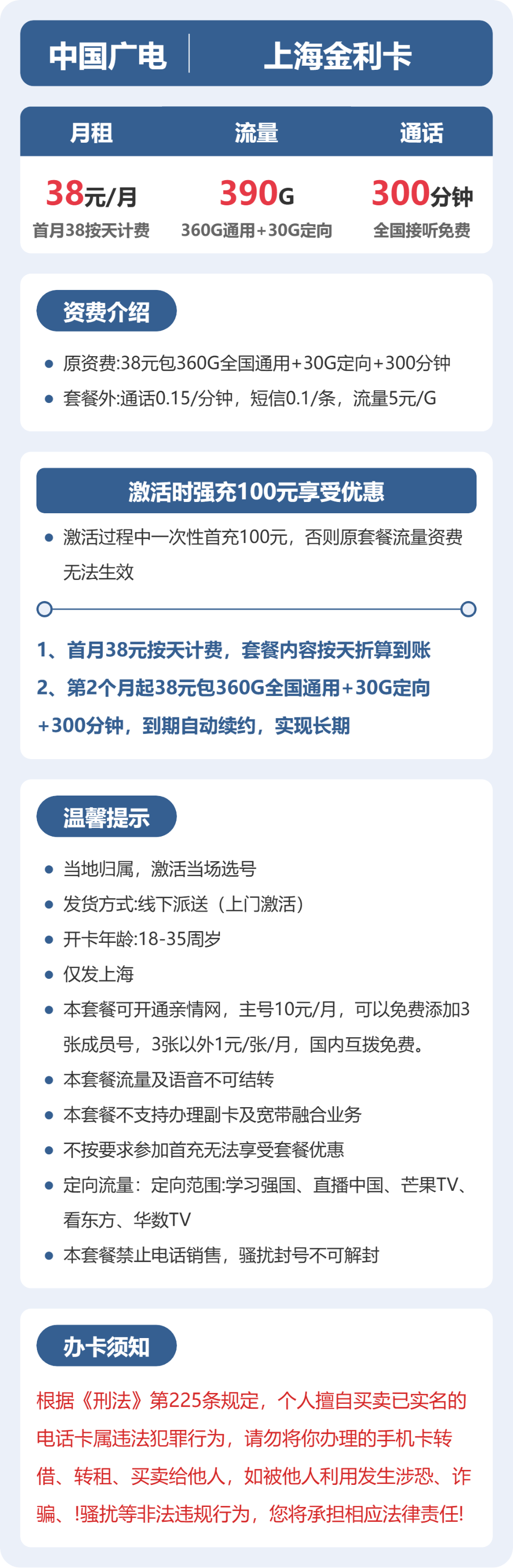 广电金利卡38元月租包360G通用+30G定向+300分钟通话