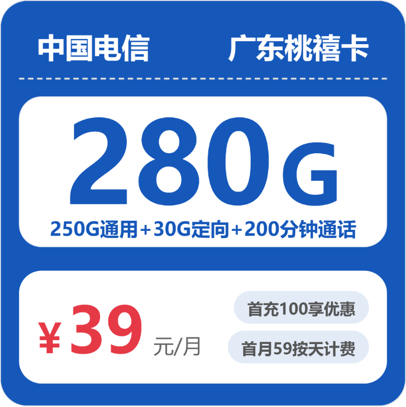 电信桃禧卡39元月租包250G通用+30G定向+200分钟通话