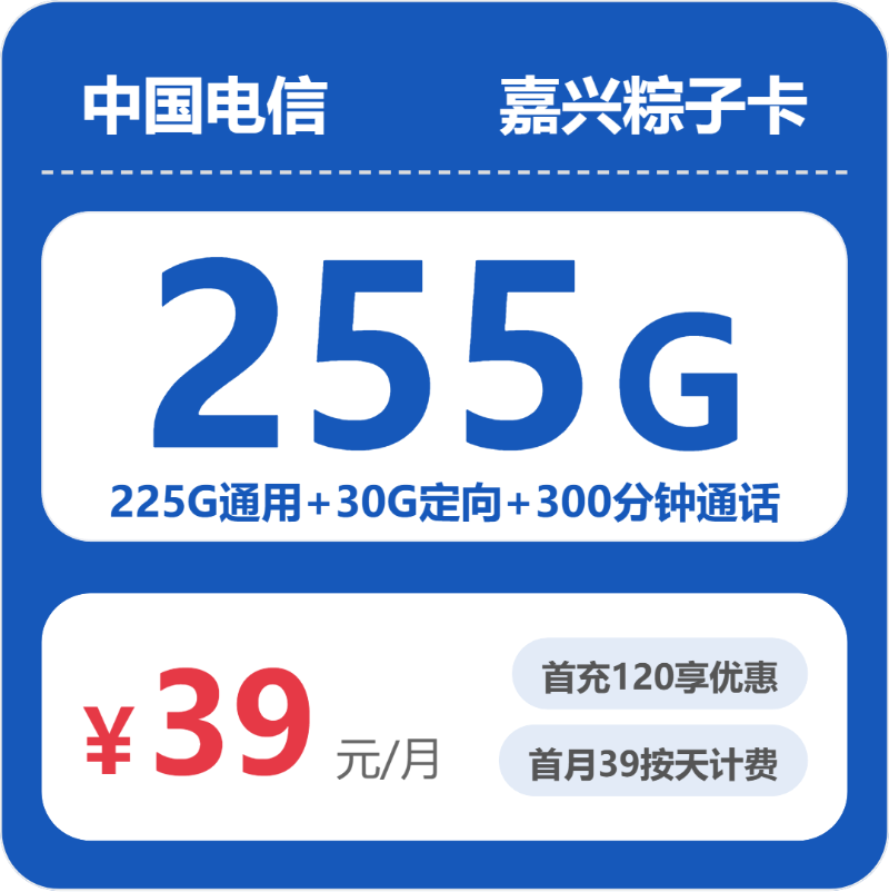 电信粽子卡39元月租包225G通用+30G定向+300分钟通话