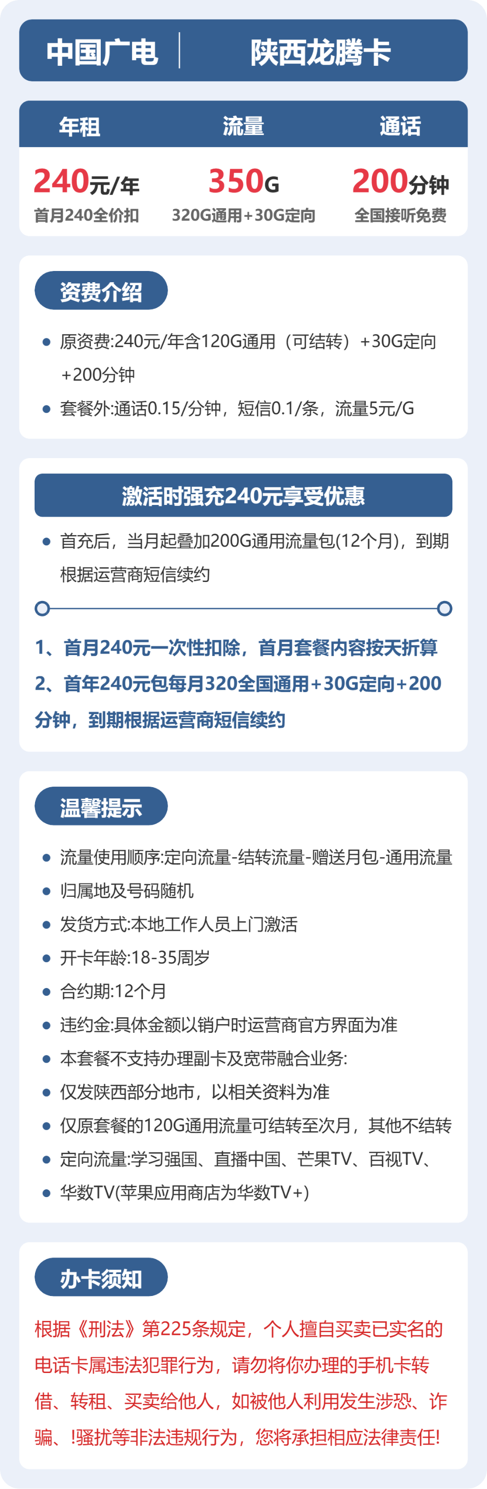 广电龙腾卡20元月租包320G通用+30G定向+200分钟通话