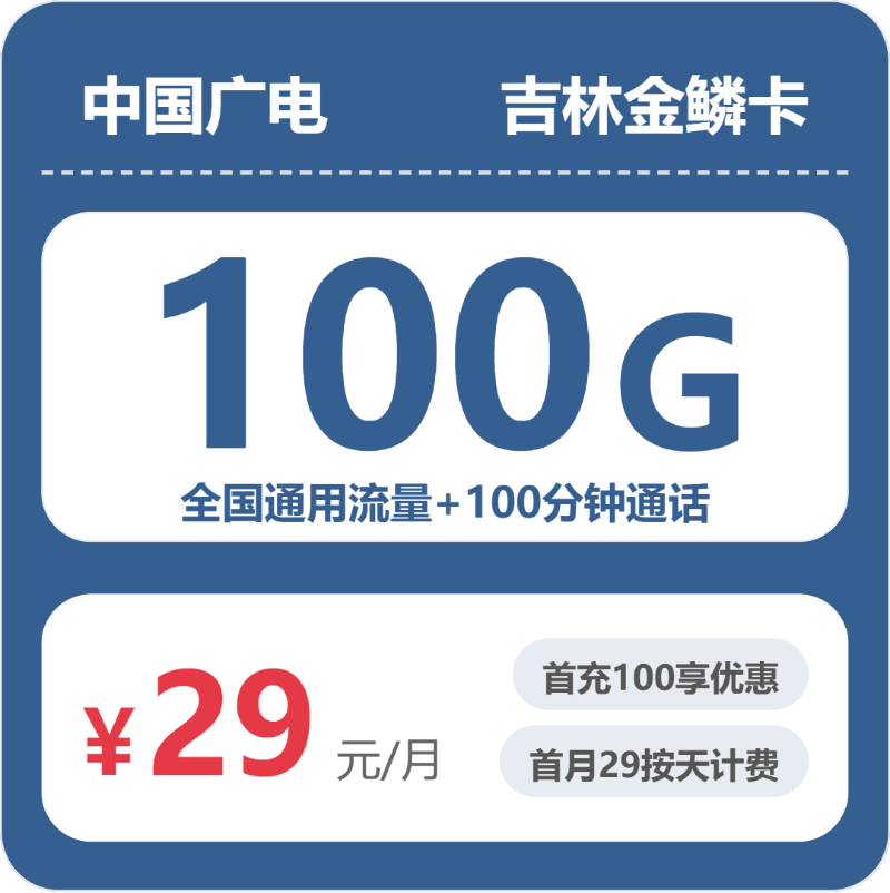 广电金鳞卡29元月租包100G通用+100分钟通话