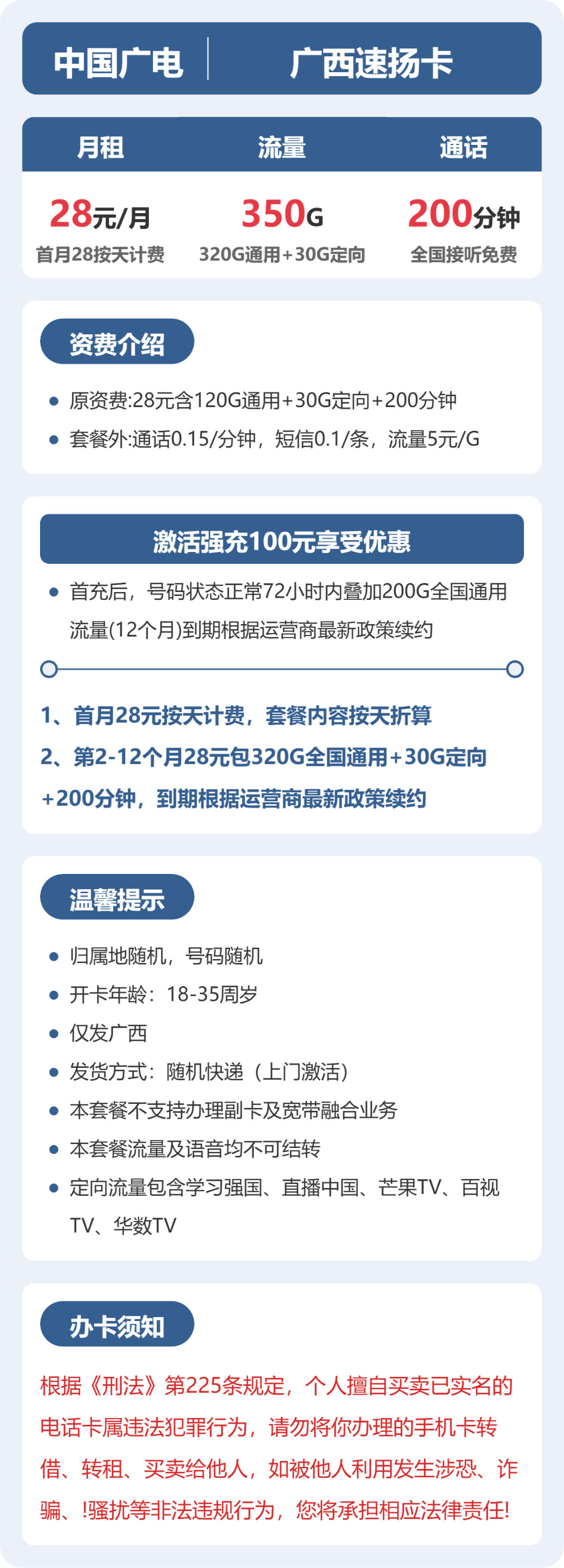 广电速扬卡28元月租包320G通用+30G定向+200分钟通话