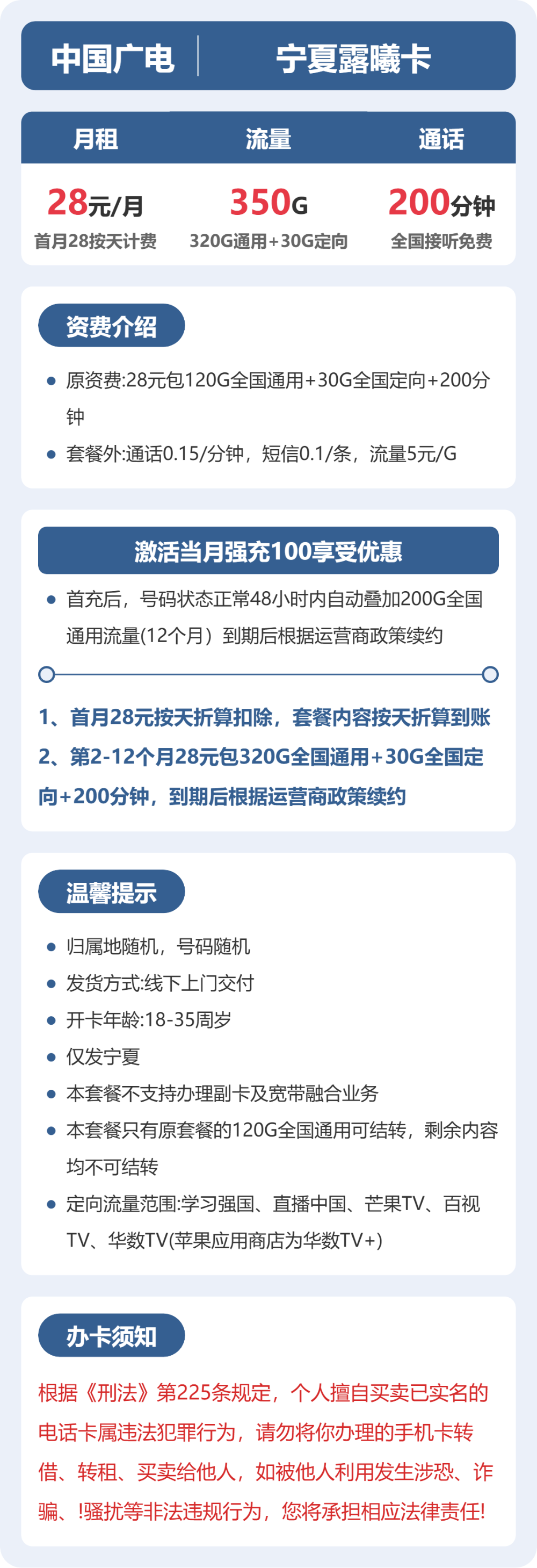 广电露曦卡28元月租包320G通用+30G定向+200分钟通话