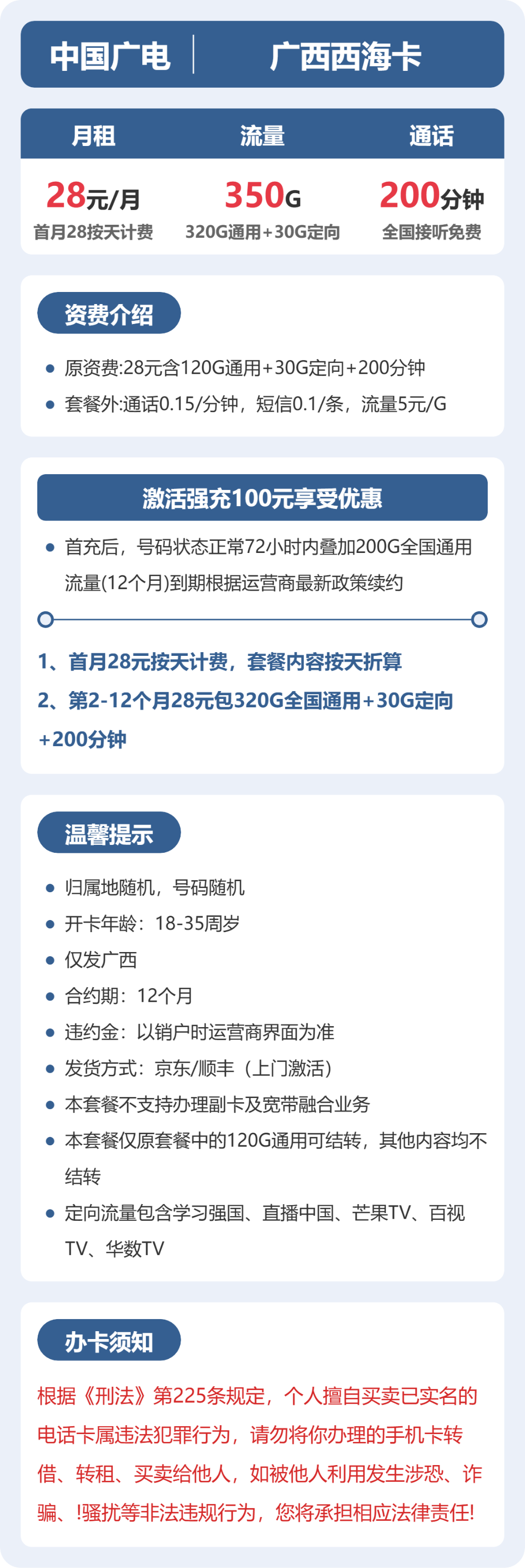 广电西海卡28元月租包320G通用+30G定向+200分钟通话