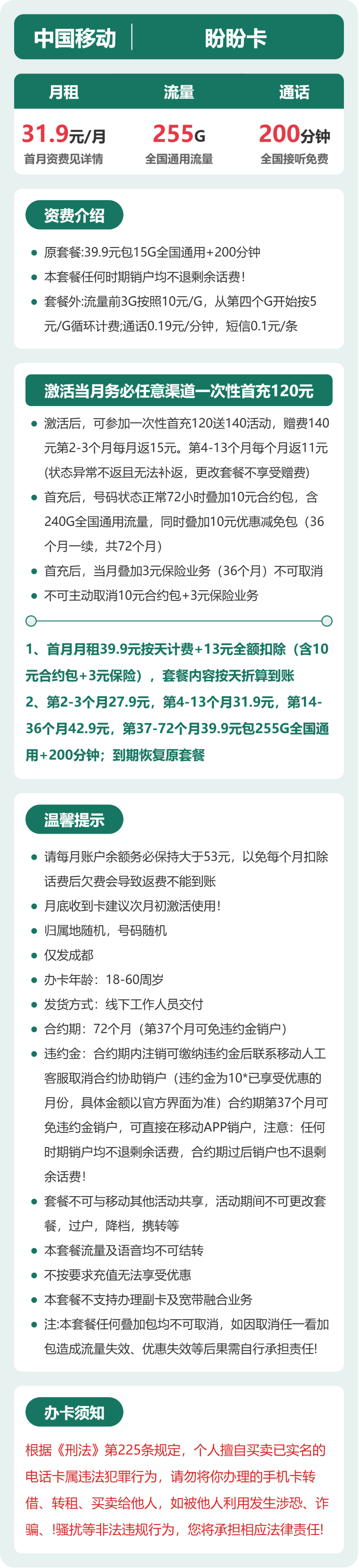 移动盼盼卡31.9元月租包255G通用+200分钟通话