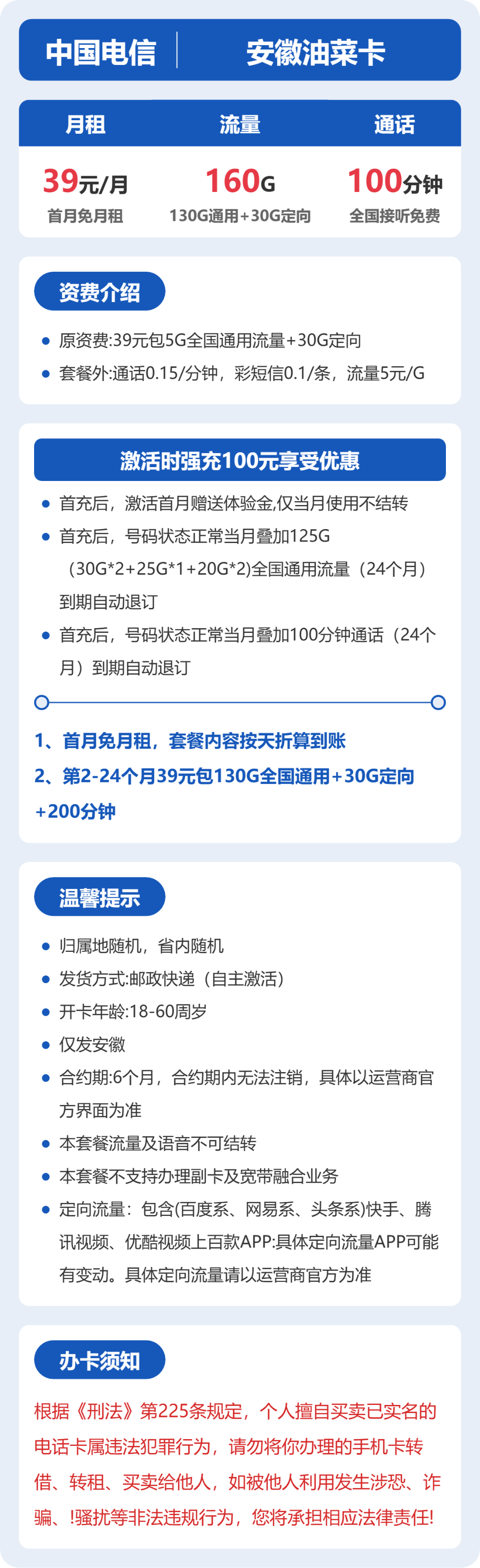 电信油菜卡39元月租包130G通用+30G定向+100分钟通话