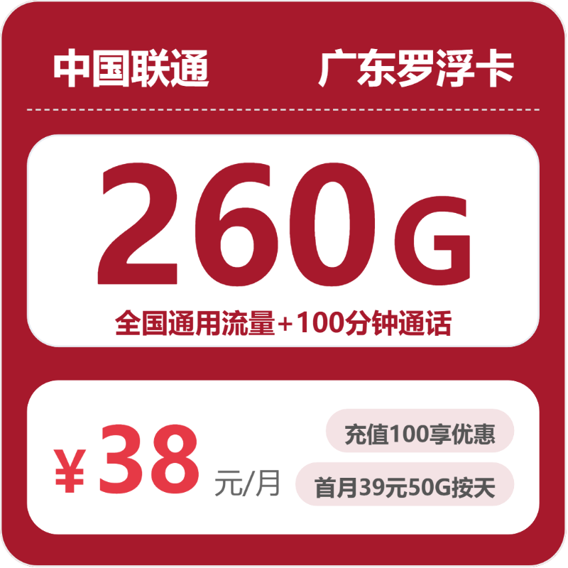 联通罗浮卡38元月租包260G通用+100分钟通话