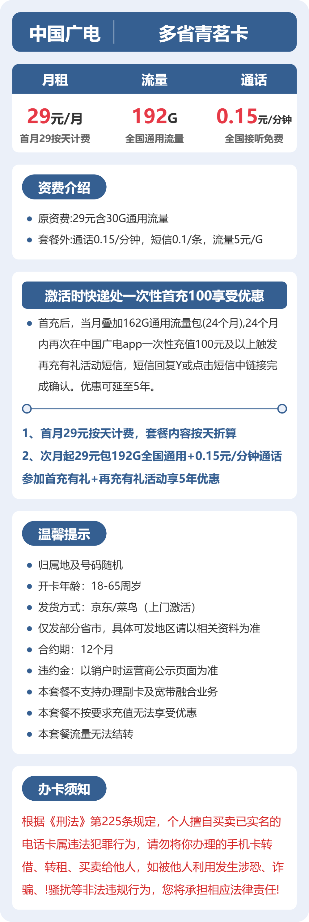广电青茗卡29元月租包192G通用+通话0.15元/分钟