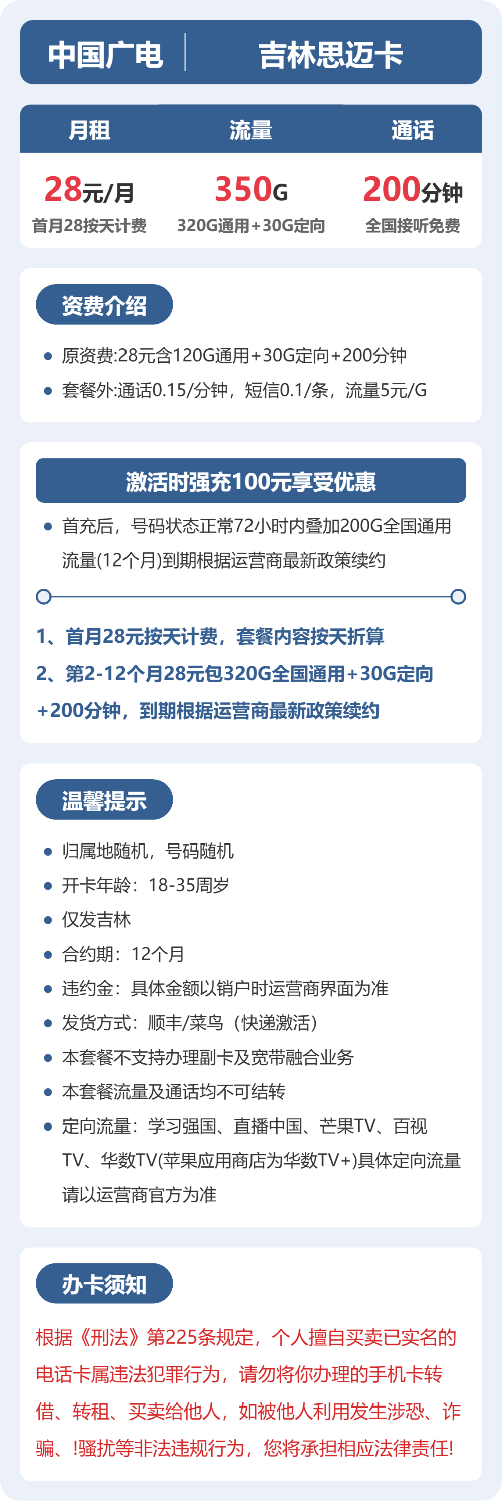 广电思迈卡28元月租包320G通用+30G定向+200分钟通话