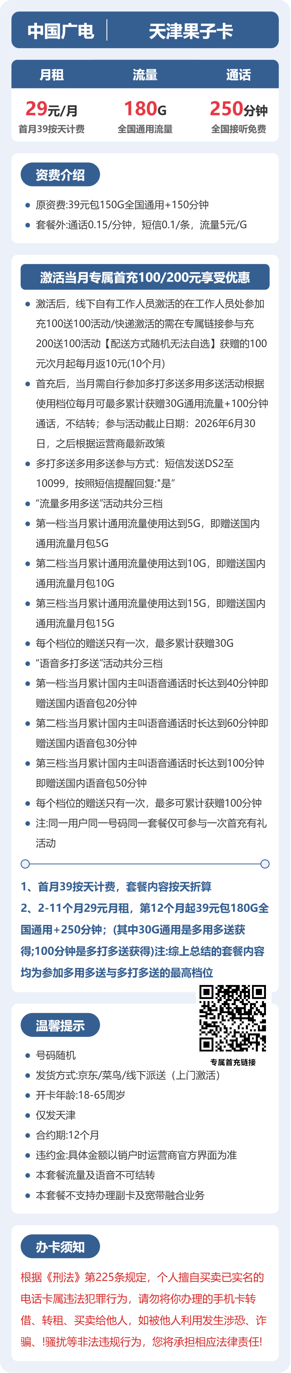 广电果子卡29元月租包180G通用+250分钟通话