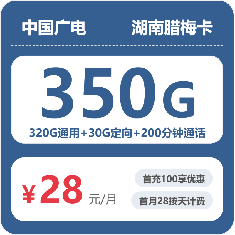 广电腊梅卡28元月租包320G通用+30G定向+200分钟通话