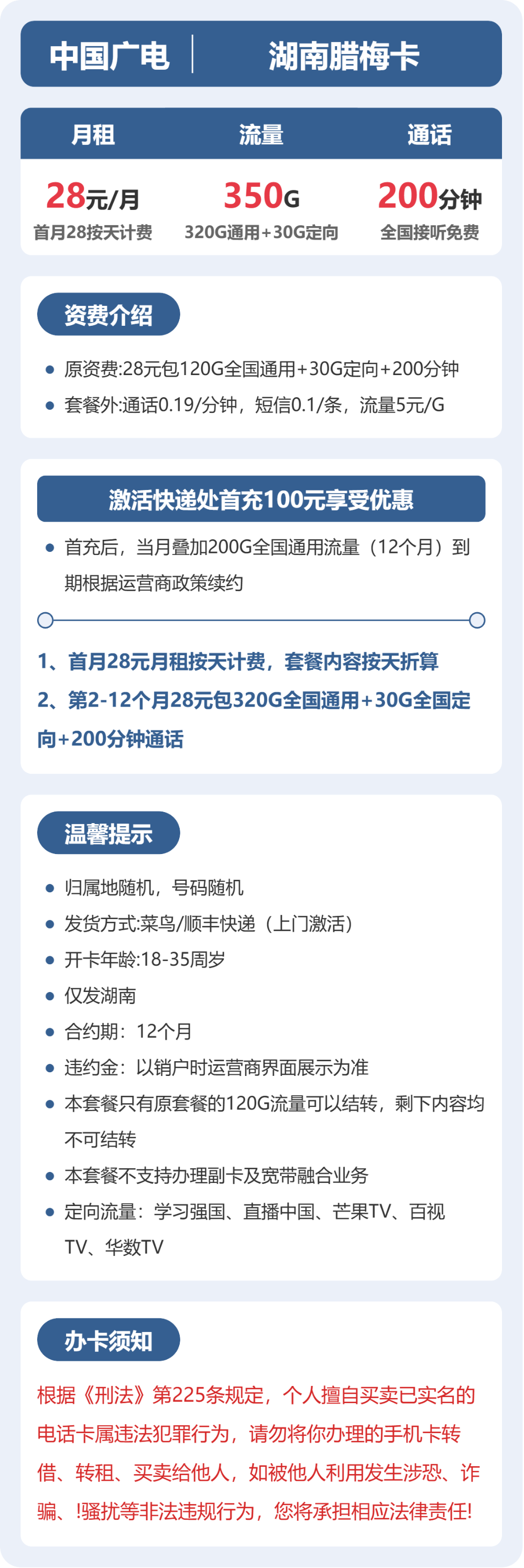 广电腊梅卡28元月租包320G通用+30G定向+200分钟通话