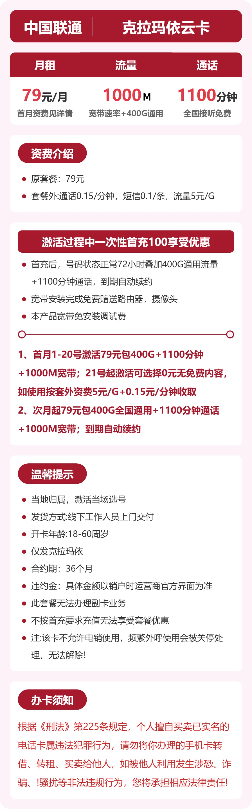 联通依云卡79元月租包400G通用+1100分钟通话+1000M宽带