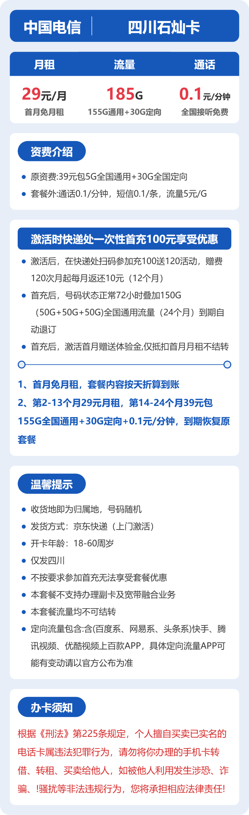 电信石灿卡29元月租包155G通用+30G定向+通话0.1元/分钟