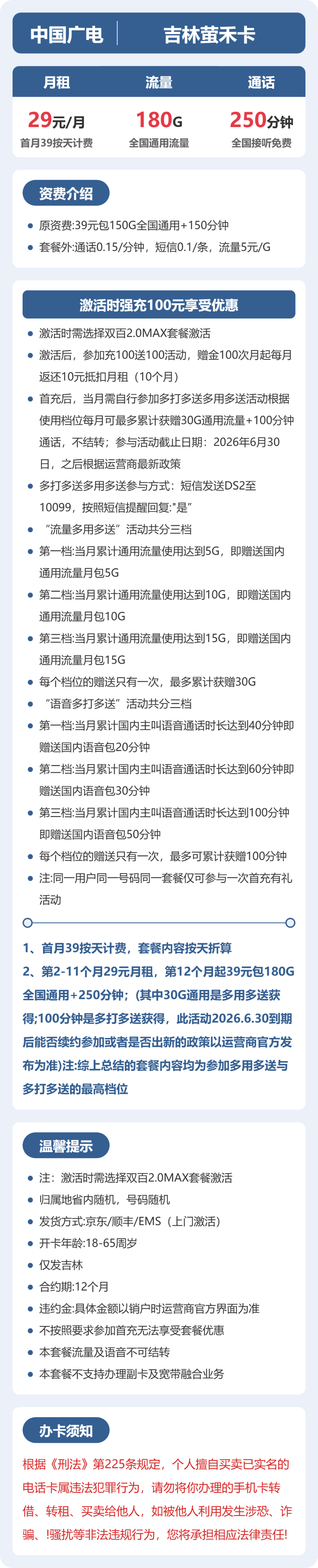 广电萤禾卡29元月租包180G通用+250分钟通话