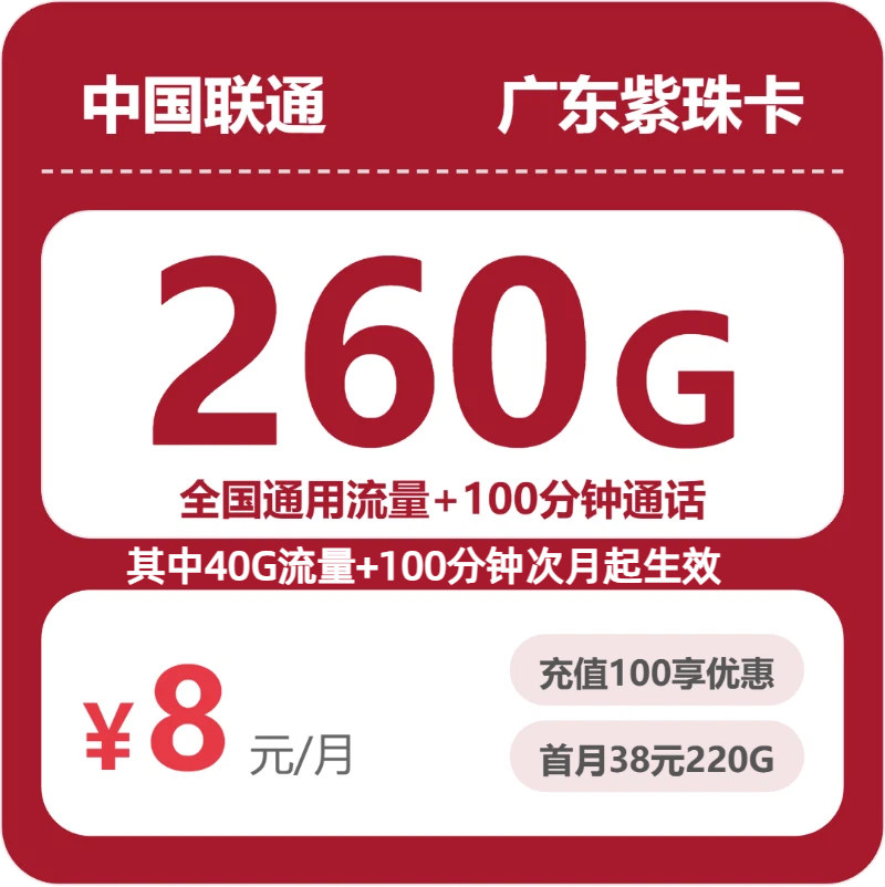 联通紫珠卡8元月租包260G通用+100分钟通话