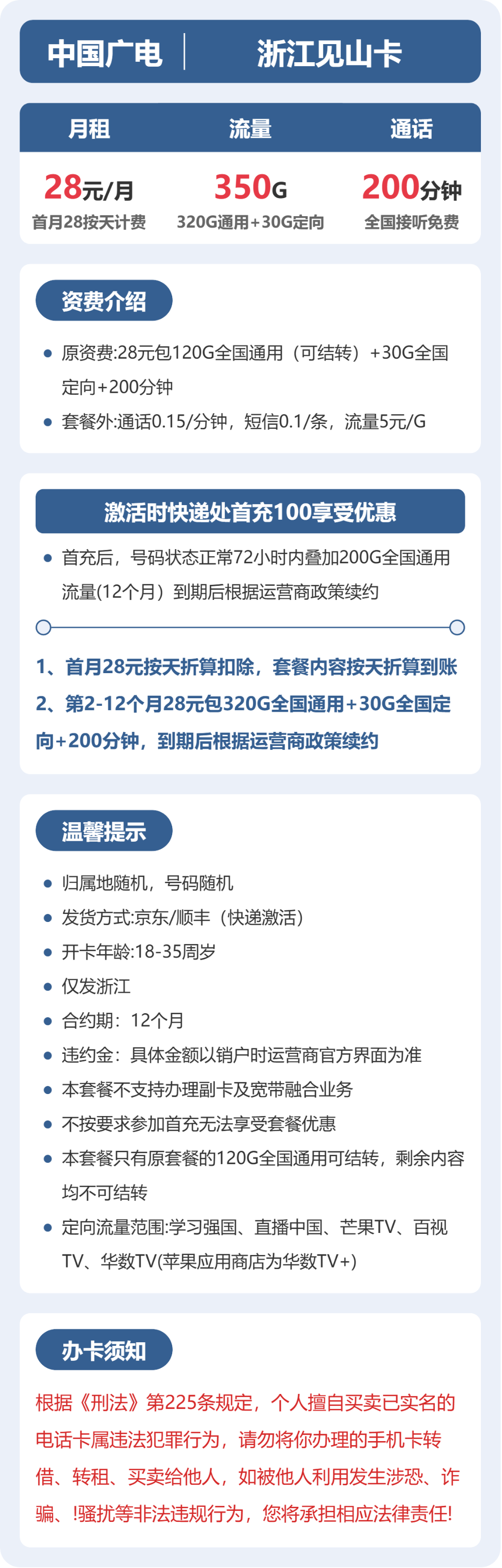 浙江广电见山卡28元月租包320G通用+30G定向+200分钟通话