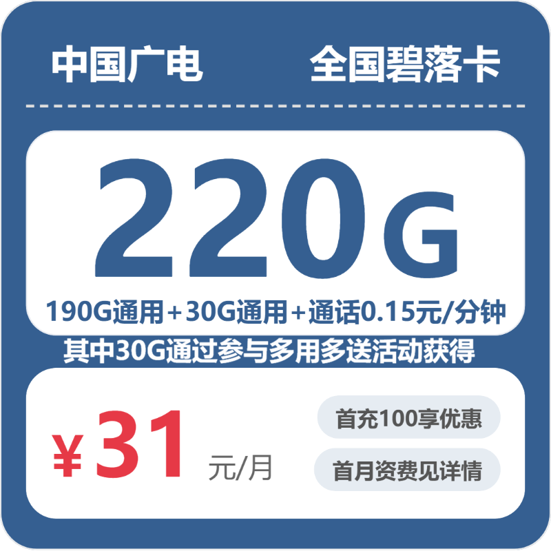 广电碧落卡31元月租包220G通用+通话0.15元/分钟