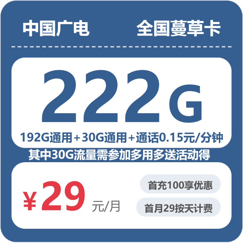 广电蔓草卡29元月租包222G通用+通话0.15元/分钟