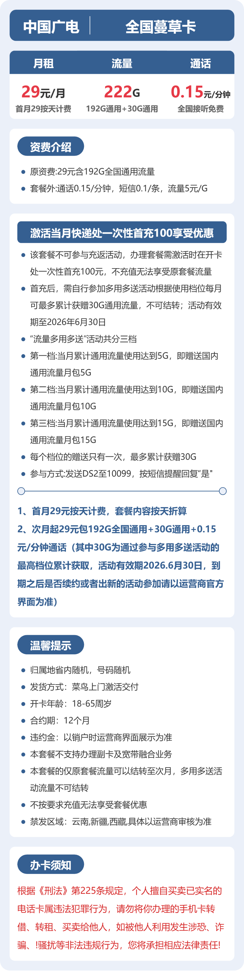 广电蔓草卡29元月租包222G通用+通话0.15元/分钟